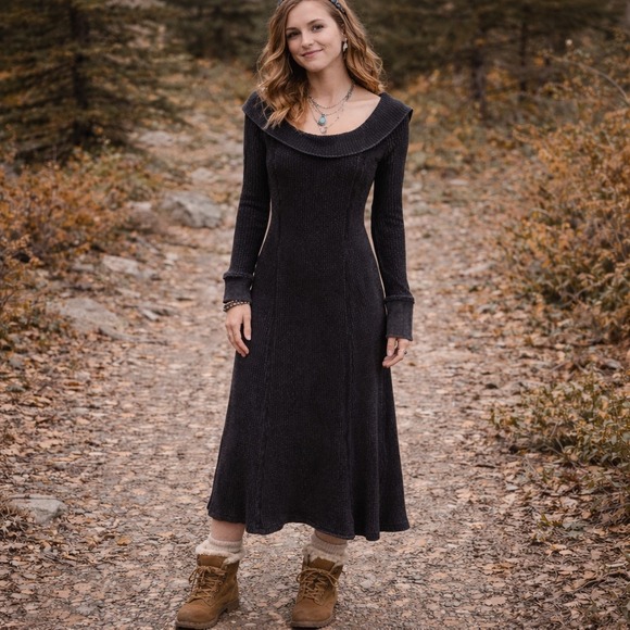 Free People Dresses & Skirts - Free People Boho Washed Black Waffle Knit Off Shoulder Maxi Dress Small NWT